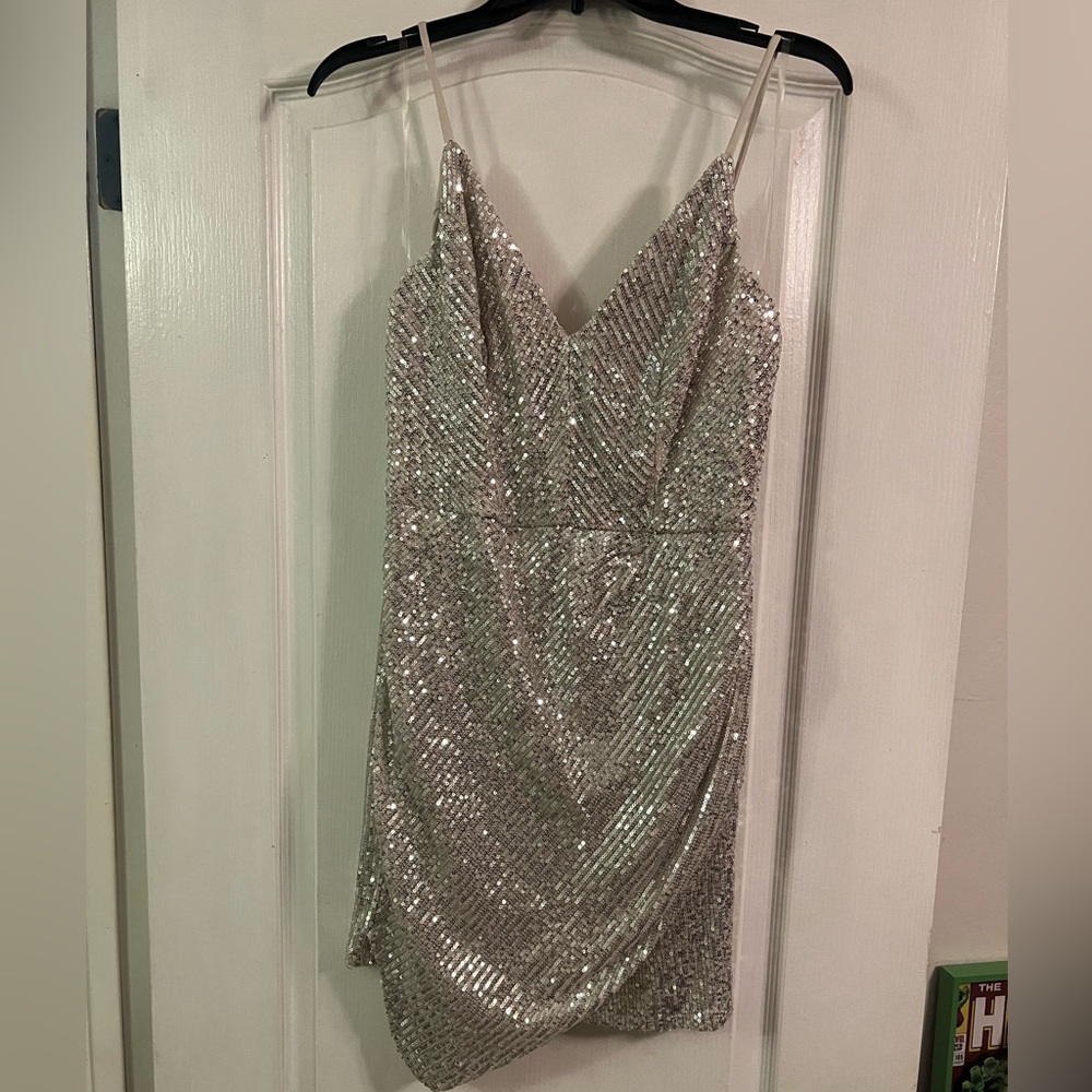 Silver Sequin Ruched Mini Dress